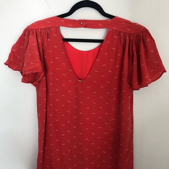 IKKS Coral Red Orange Bird Print Flutter Sleeve Mini Dress - Picture 8 of 10